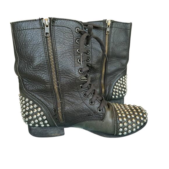 Steve Madden Combat Boots Womens 6 Brown Leather Studs Spike Tarnney Biker Boot - Picture 1 of 8